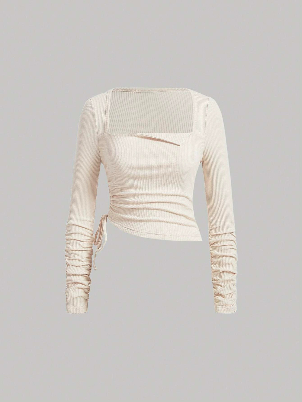 ZARA Drawstring Pleated Long Sleeve Slim Fit Square Neck Stretch Top